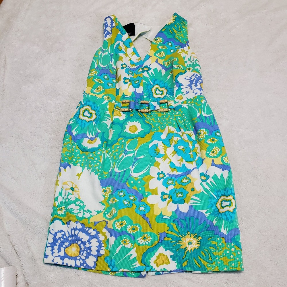 Carlisle Blue Green Floral Sleeveless Sheath Dress 8 Classic Office Spring Retro